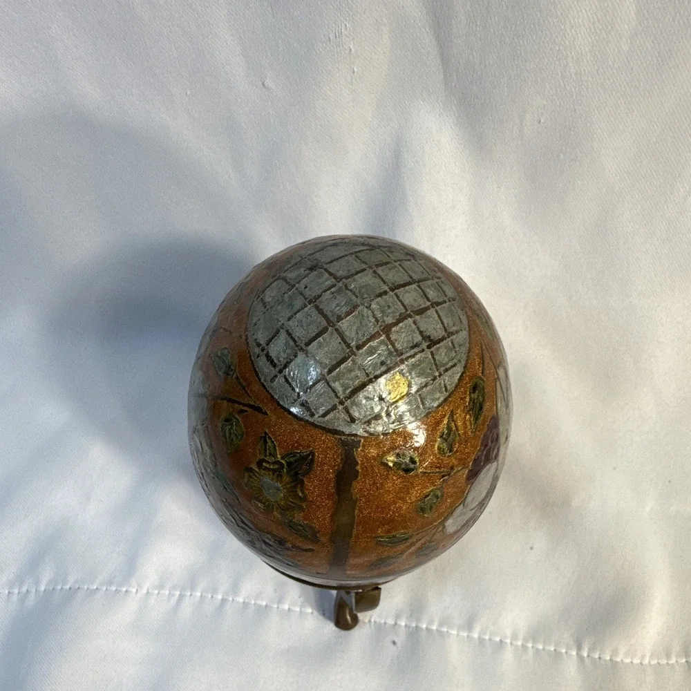 Vintage Brass Cloisonne Enamel Egg Trinket Box with 3-Footed Stand